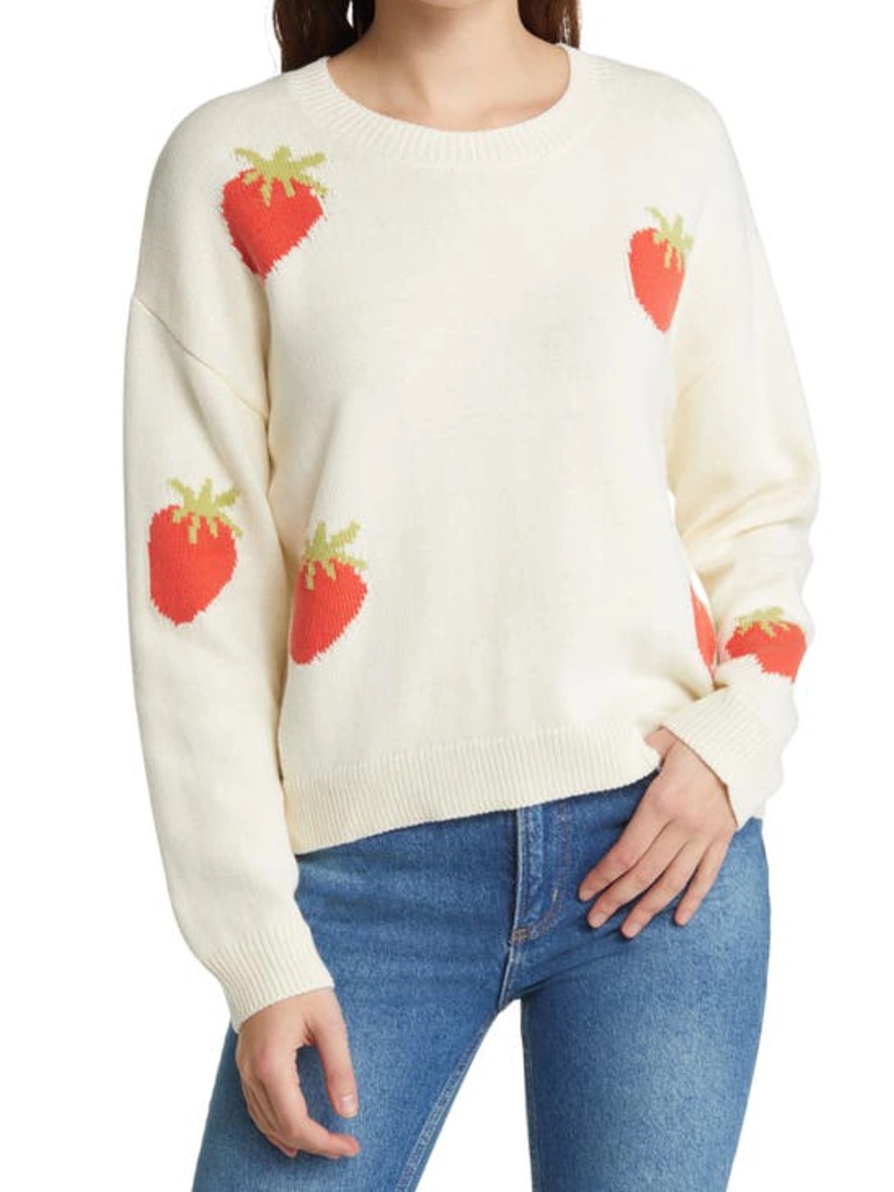 Rails Perci cream crewneck pullover sweater with strawberry size large